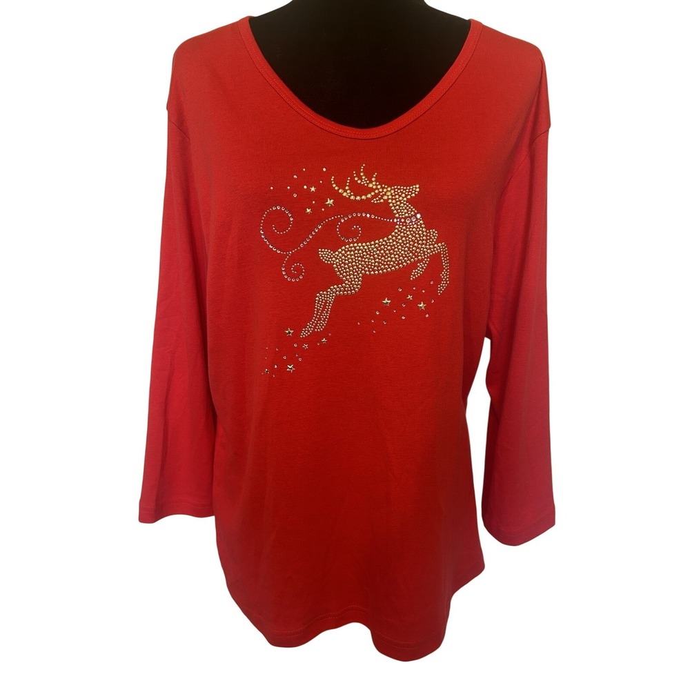 Cactus Bay Red Christmas Reindeer 3/4 Sleeve Shirt Top Size XXL
